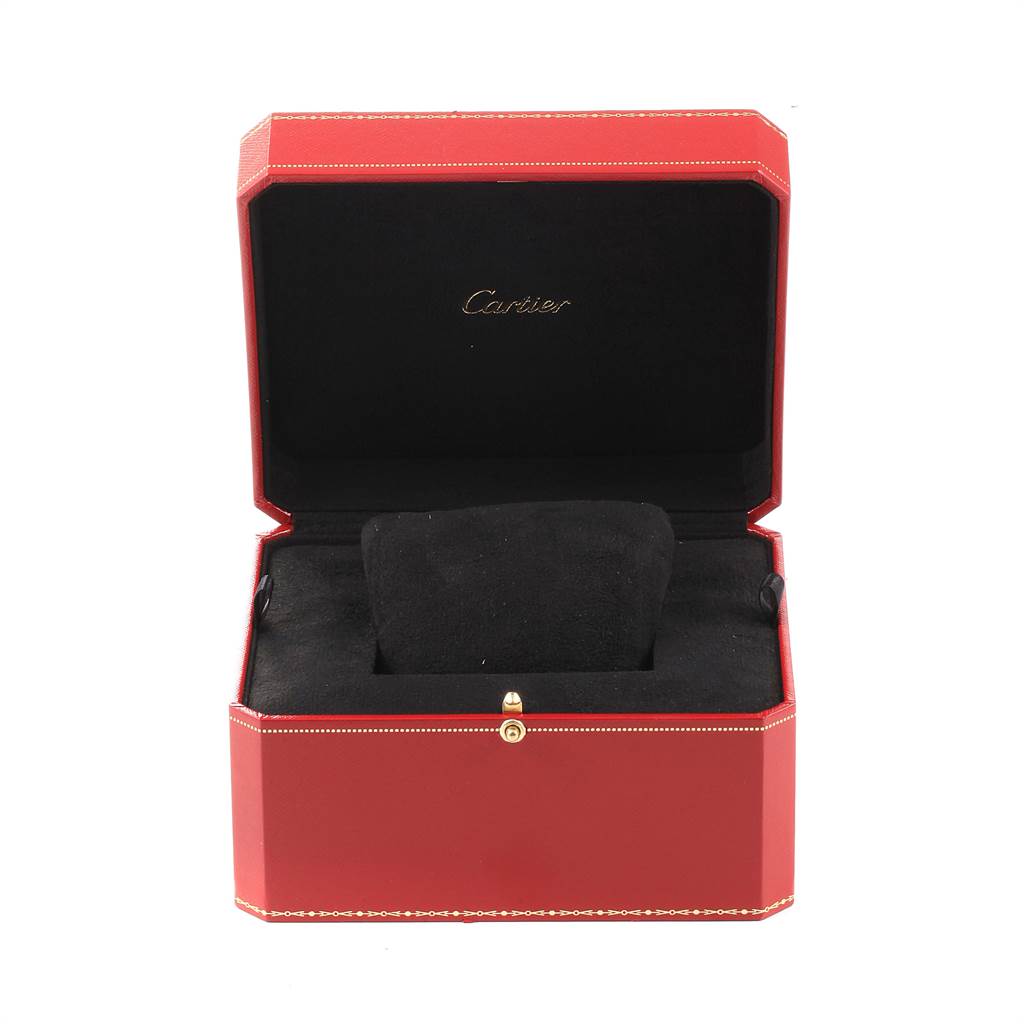 The image shows an open Cartier Tank Americaine W2609856 Men's Rose Gold Silver Dial W2609856 Men's Rose Gold Silver Dial watch box with a black cushion inside, viewed from the front.