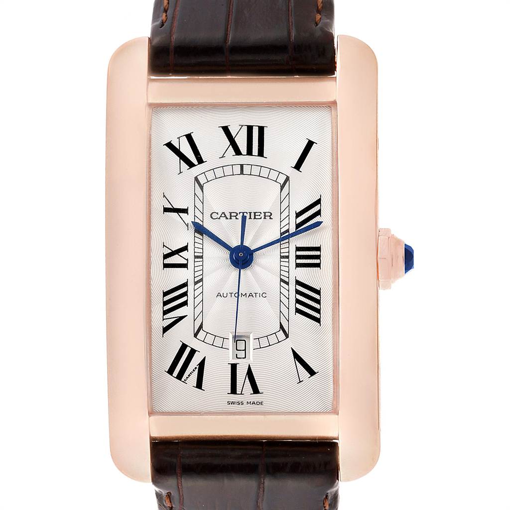 This Cartier Tank Americaine W2609856 Men's Rose Gold Silver Dial W2609856 Men's Rose Gold Silver Dial watch is shown from the front, displaying the dial, Roman numerals, and part of the leather strap.