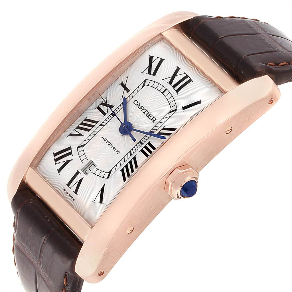 The image shows a Cartier Tank Americaine W2609856 Men's Rose Gold Silver Dial W2609856 Men's Rose Gold Silver Dial watch at an angled side view, highlighting its face, crown, and leather strap.