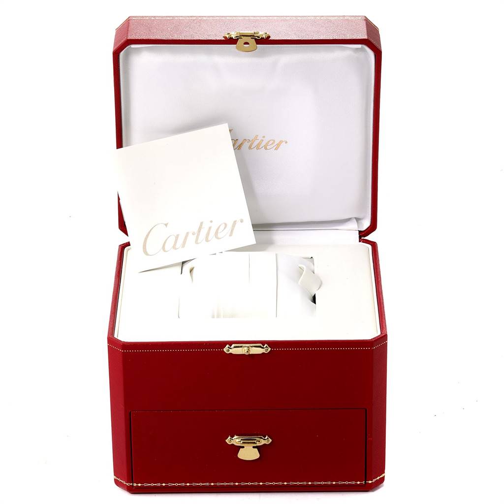 The image shows a Cartier Tank Americaine W2601156 Men's Yellow Gold Silver Dial W2601156 Men's Yellow Gold Silver Dial watch in its red box with the Cartier logo and a card.