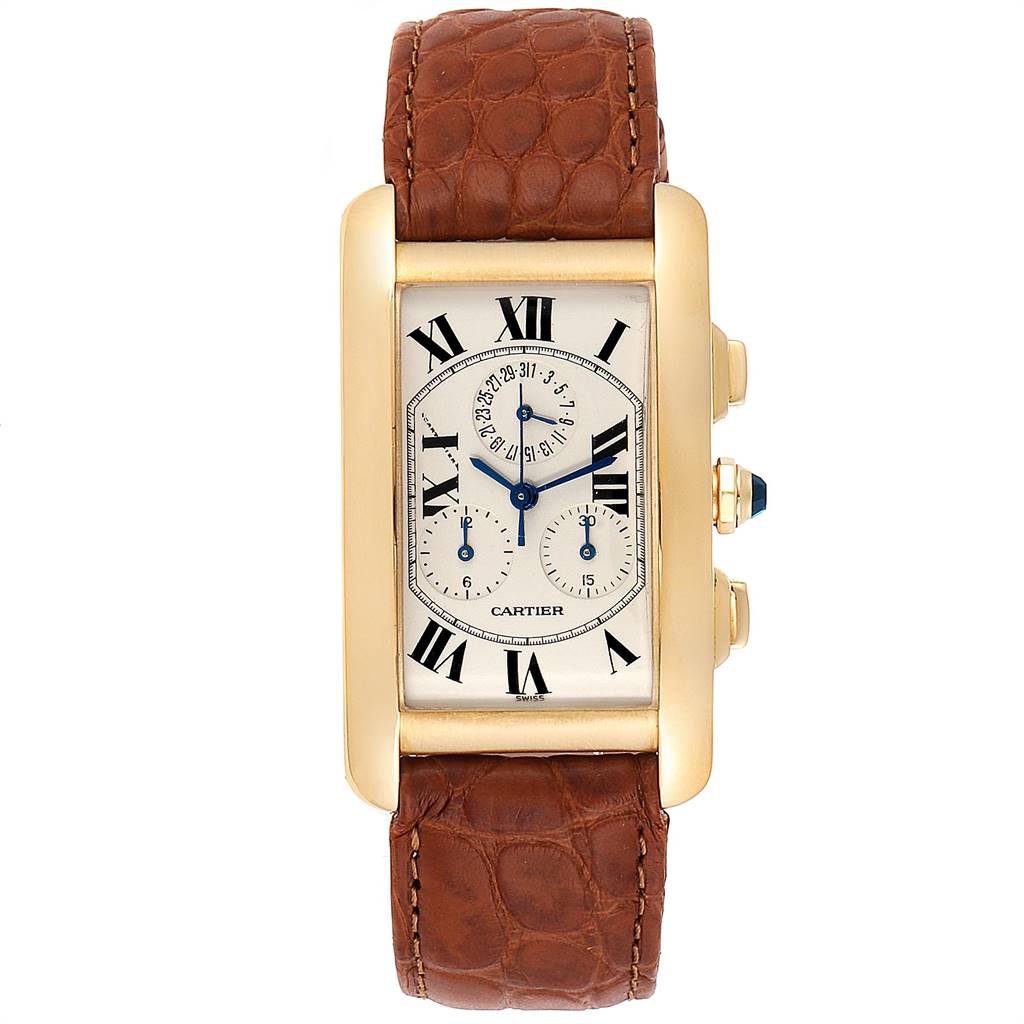 The image shows a front view of a Cartier Tank Americaine W2601156 Men's Yellow Gold Silver Dial W2601156 Men's Yellow Gold Silver Dial watch with a brown leather strap and gold case.