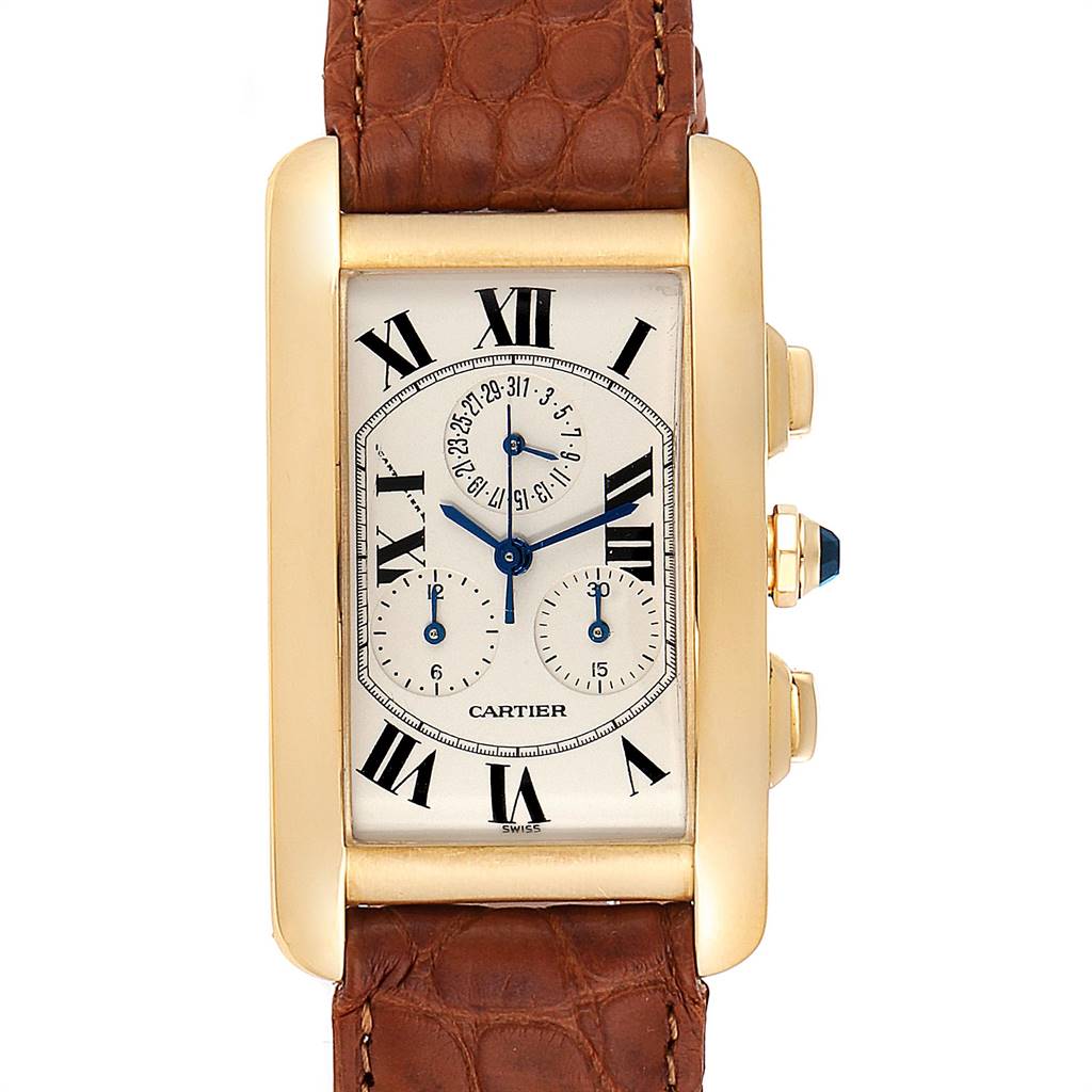 The image shows a frontal view of a Cartier Tank Americaine W2601156 Men's Yellow Gold Silver Dial W2601156 Men's Yellow Gold Silver Dial watch with a brown leather strap and a gold rectangular case.