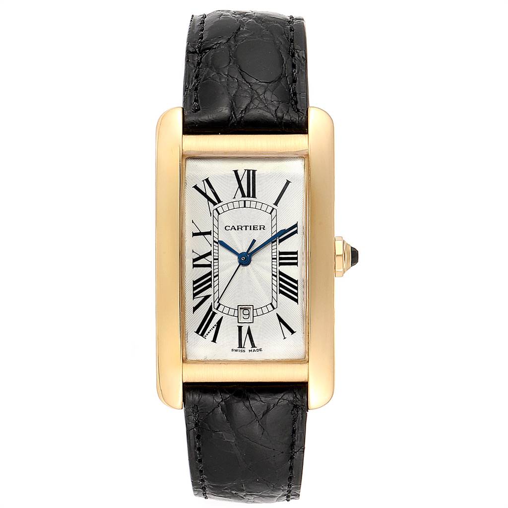 The Cartier Tank Americaine W2603156 Men's Yellow Gold Silver Dial W2603156 Men's Yellow Gold Silver Dial watch is shown from a front angle, displaying its rectangular dial, Roman numerals, and black leather strap.