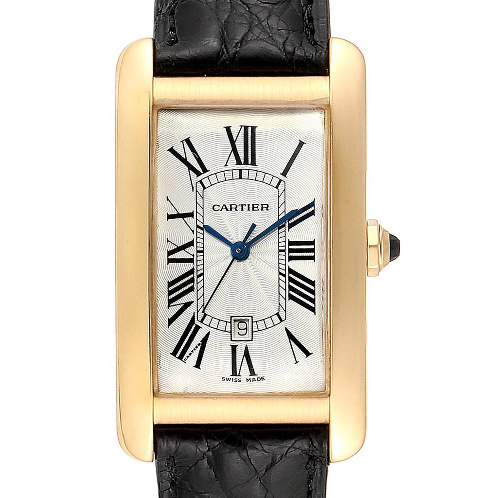The image shows a front view of a Cartier Tank Americaine W2603156 Men's Yellow Gold Silver Dial W2603156 Men's Yellow Gold Silver Dial watch, displaying the dial, case, and part of the leather strap.