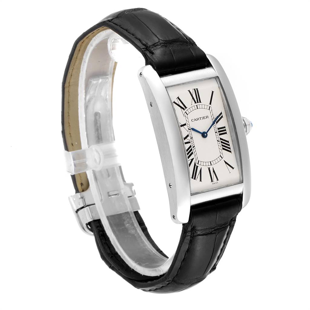 The image shows a Cartier Tank Americaine W2604351 Men's Platinum Silver Dial W2604351 Men's Platinum Silver Dial watch at a three-quarter angle, displaying the face and black leather strap.