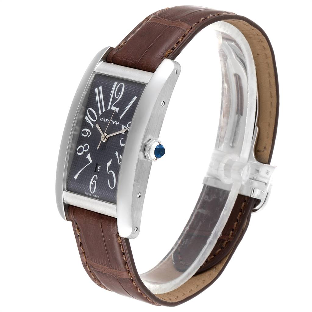 The image shows a Cartier Tank Americaine W2605229 Men
s White Gold Grey Dial W2605229 Men
s White Gold Grey Dial watch with a front and angled side view, highlighting the rectangular face and leather strap.