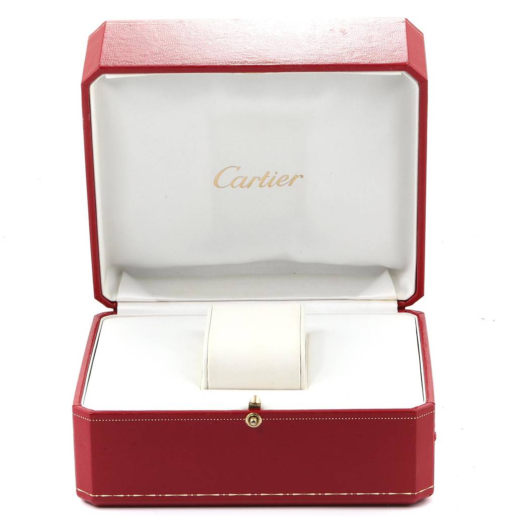 This is an open red Cartier watch box with no watch inside, intended for the Tank Americaine model.