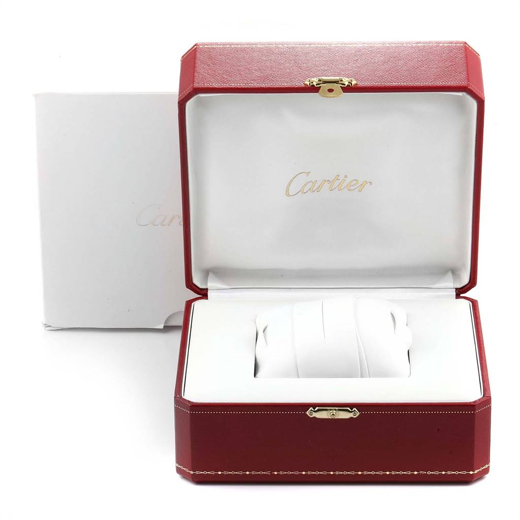 The image shows an open Cartier Tank Americaine W2603358 Men's White Gold Silver Dial W2603358 Men's White Gold Silver Dial watch box, viewed from the front.