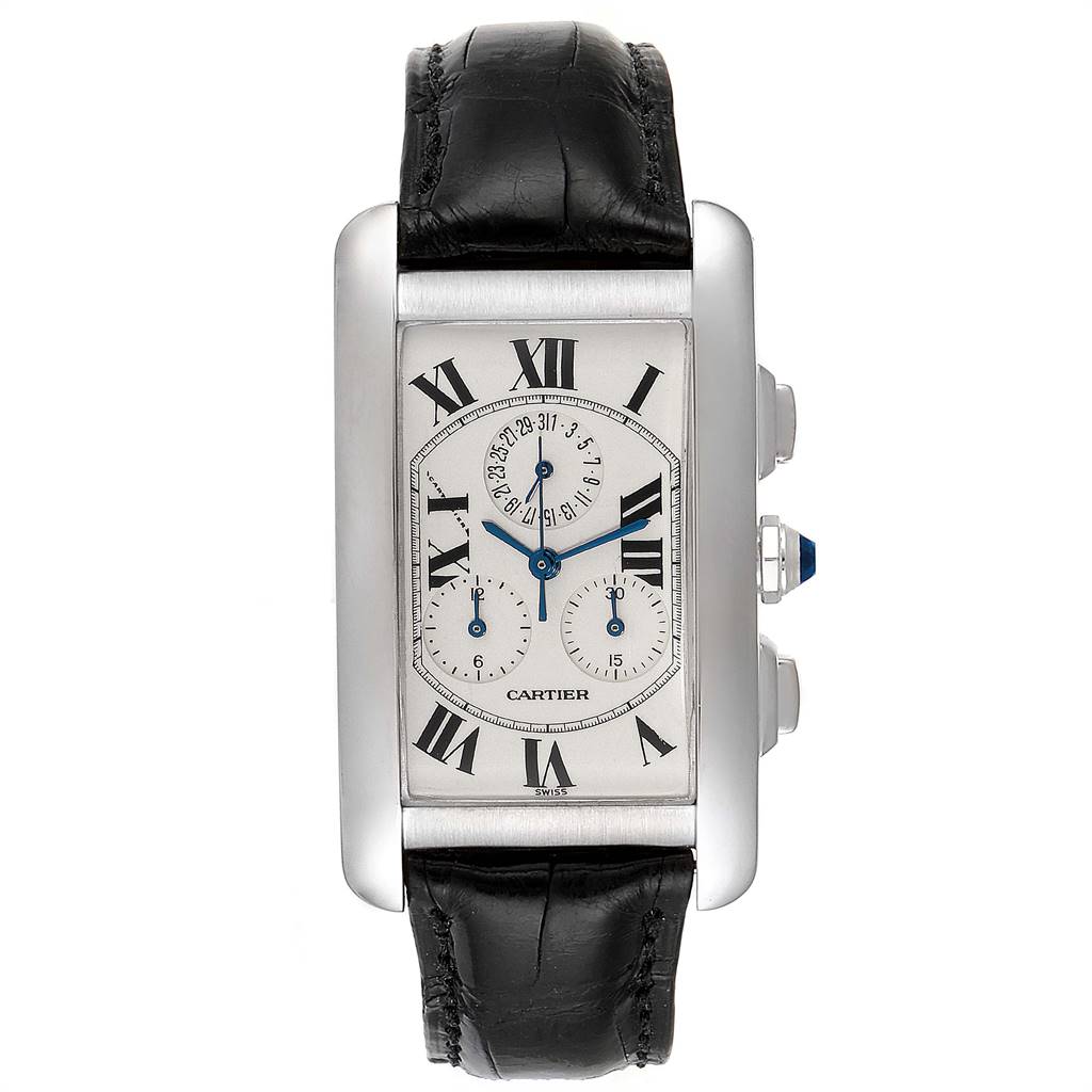 The image shows a front view of the Cartier Tank Americaine W2603358 Men's White Gold Silver Dial W2603358 Men's White Gold Silver Dial watch, highlighting its rectangular case, dial, and leather strap.