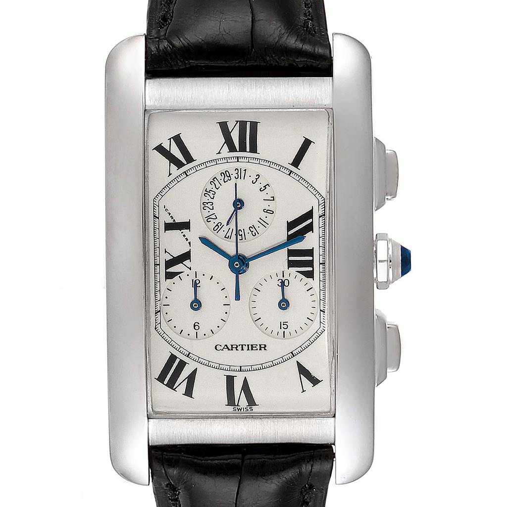 The image shows a frontal view of a Cartier Tank Américaine watch, highlighting its rectangular face, Roman numerals, and leather strap.