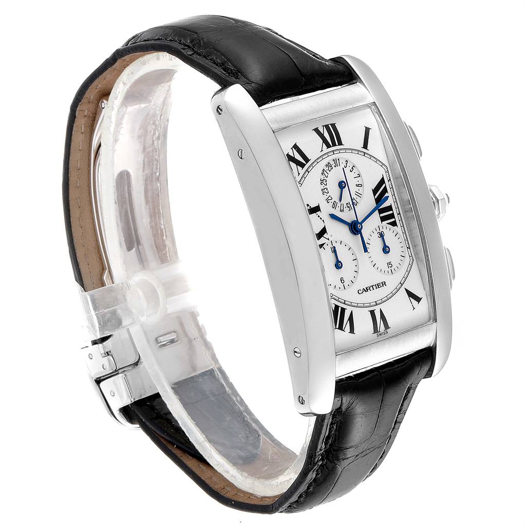 The image shows a side angle of the Cartier Tank Americaine W2603358 Men's White Gold Silver Dial W2603358 Men's White Gold Silver Dial watch, highlighting its rectangular case, dial, and leather strap.