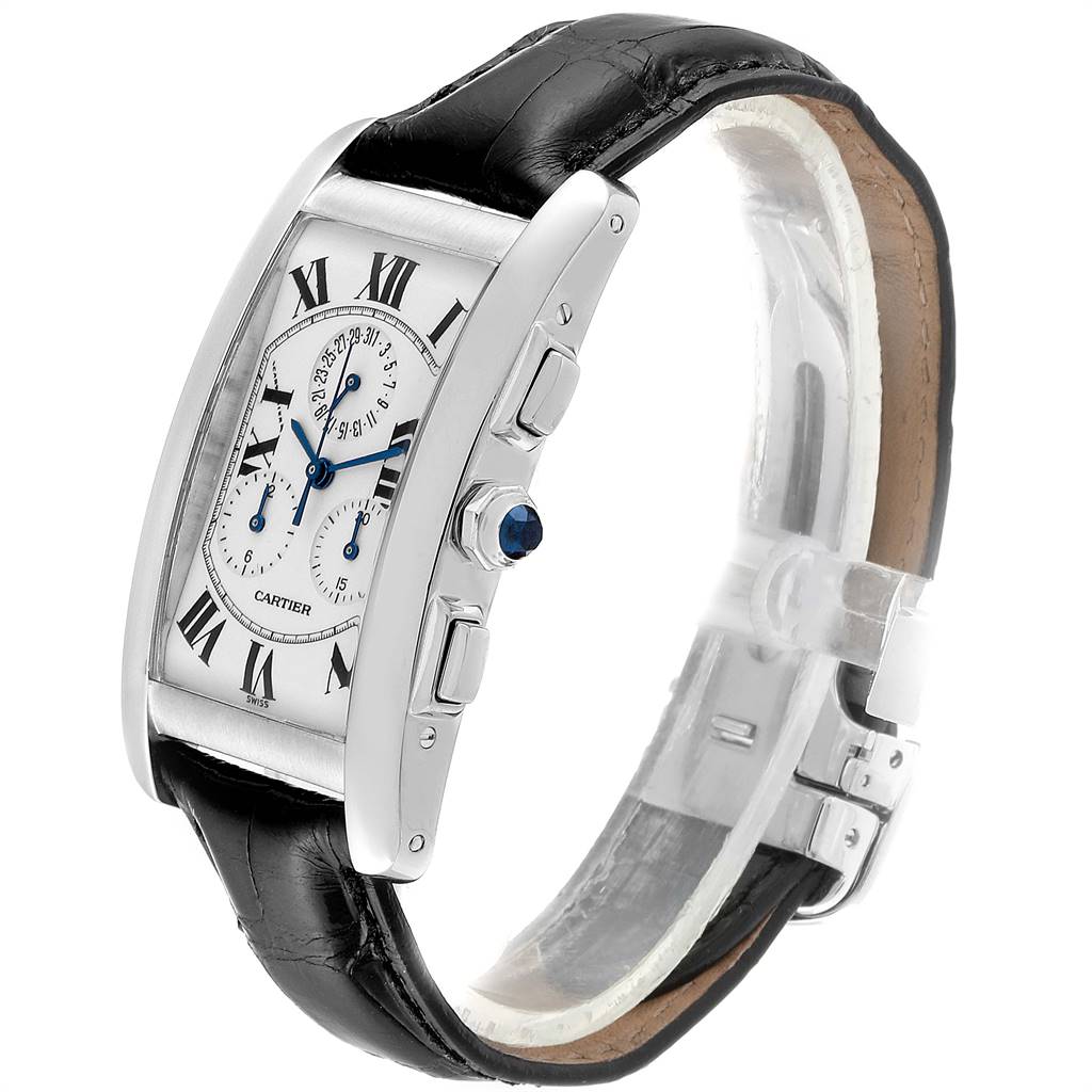 This is a Tank Américaine model by Cartier, shown at a three-quarter angle, featuring its case, crown, side buttons, and strap.