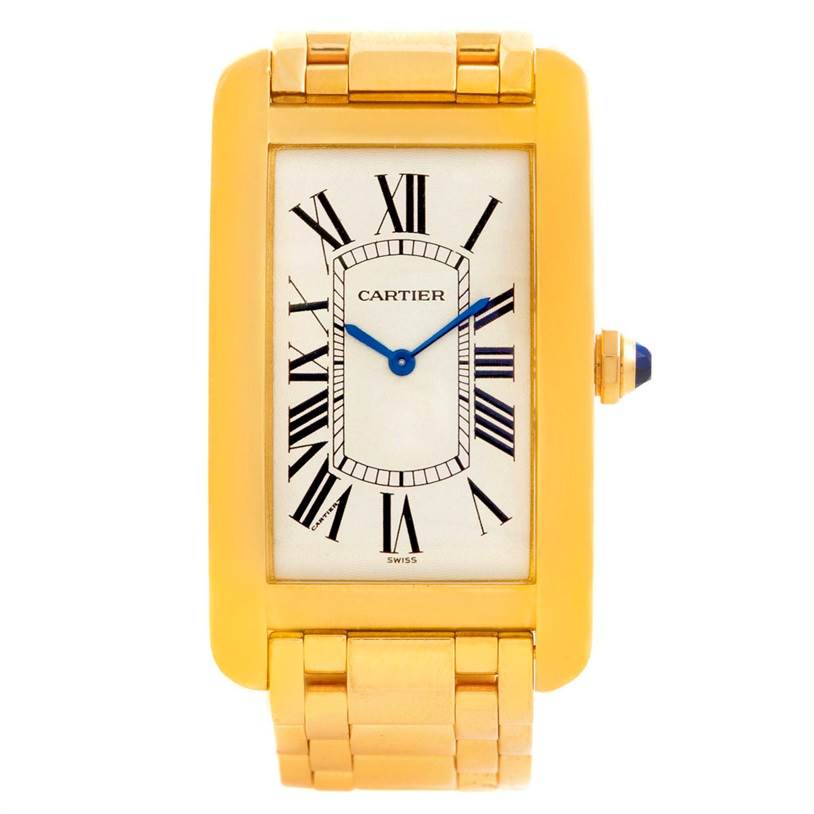 This Tank Americaine model by Cartier is shown in a front view, highlighting its rectangular gold case, bracelet, and dial with Roman numerals.