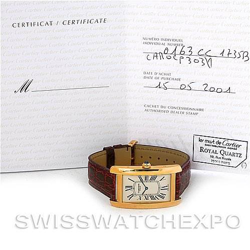The image shows a Cartier Tank Americaine Yellow Gold Silver Dial Yellow Gold Silver Dial watch, angled from the front, alongside its certificate and purchase information.