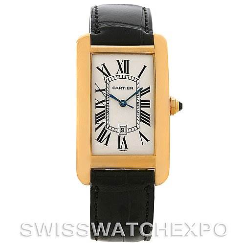 The image shows a frontal view of a Cartier Tank Américaine watch displaying its face, gold case, and black leather strap.