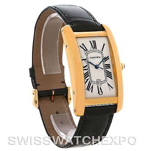 This Cartier Tank Américaine watch is shown at a three-quarter angle, displaying the rectangular face, black leather strap, and golden casing.