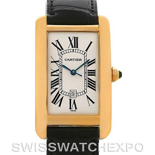 The image shows a Cartier Tank Américaine watch from the front, highlighting its rectangular gold case, black leather strap, and Roman numeral dial.