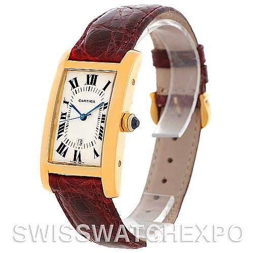 This image shows the Cartier Tank Américaine watch at a slight angle, displaying the face, case, crown, and leather strap.