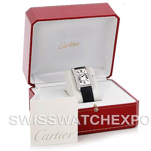 The image shows a Cartier Tank Americaine W2603256 Men's White Gold Silver Dial W2603256 Men's White Gold Silver Dial watch, displayed in a red Cartier box with an instruction booklet.