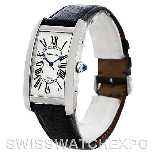 The image shows a Cartier Tank Americaine W2603256 Men's White Gold Silver Dial W2603256 Men's White Gold Silver Dial watch at a three-quarter angle, highlighting its rectangular face and black leather strap.