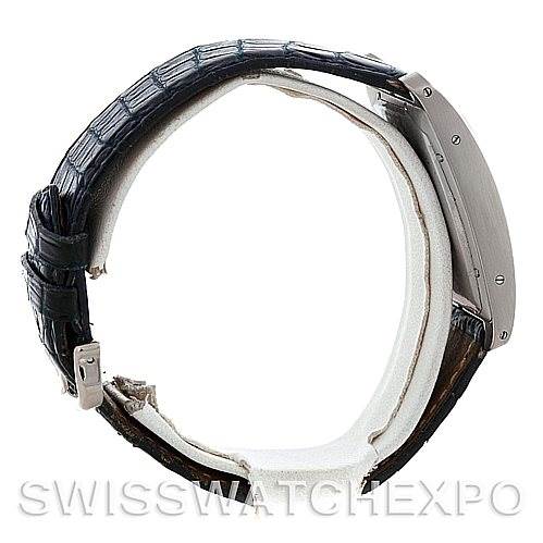 This image shows a side view of a Cartier Tank Americaine W2603256 Men's White Gold Silver Dial W2603256 Men's White Gold Silver Dial watch, highlighting the clasp, strap, and case.