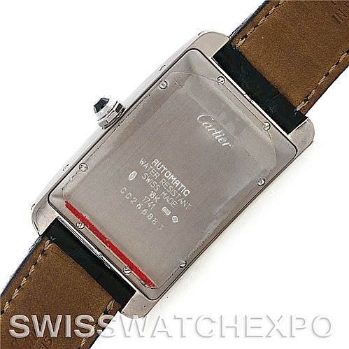 The image shows the back view of a Cartier Tank Americaine W2603256 Men's White Gold Silver Dial W2603256 Men's White Gold Silver Dial watch, displaying the case back and leather strap.