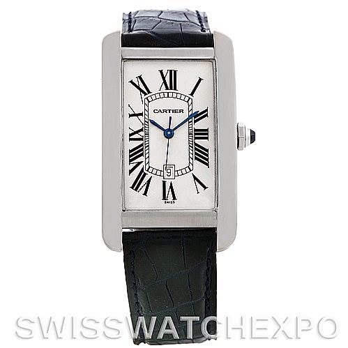 This image shows the front view of the Cartier Tank Americaine W2603256 Men's White Gold Silver Dial W2603256 Men's White Gold Silver Dial watch, displaying its rectangular face, Roman numeral dial, and leather strap.