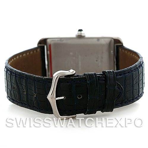 This image shows the back view of the Cartier Tank Américaine watch, focusing on its black alligator leather strap and clasp.