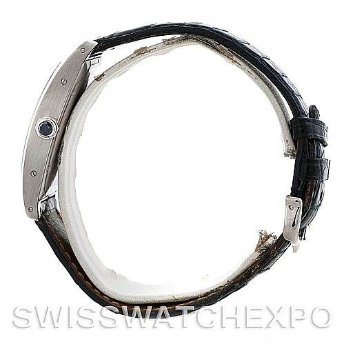 The image shows a side profile of the Cartier Tank Americaine W2603256 Men's White Gold Silver Dial W2603256 Men's White Gold Silver Dial watch, highlighting the case, crown, and leather strap.