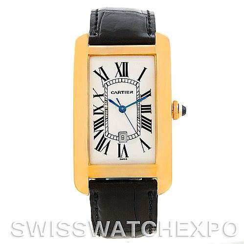 The image shows a front view of the Cartier Tank Americaine W2603156 Men's Yellow Gold Silver Dial W2603156 Men's Yellow Gold Silver Dial watch, highlighting its rectangular face, Roman numerals, and black leather strap.