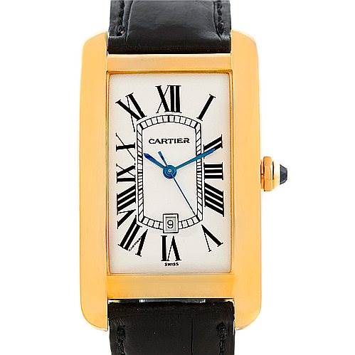 The image shows a front view of a Cartier Tank Americaine W2603156 Men's Yellow Gold Silver Dial W2603156 Men's Yellow Gold Silver Dial watch, highlighting its face, gold case, and black leather strap.