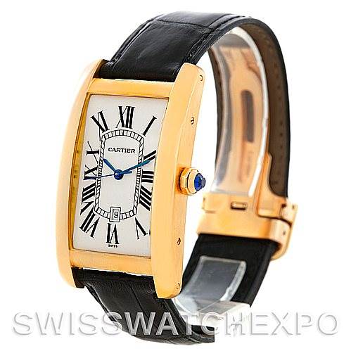 This image shows a Cartier Tank Américaine watch at an angle highlighting the face, case, crown, and leather strap.