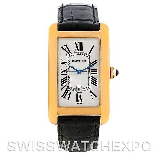The image shows a front view of the Cartier Tank Américaine watch, highlighting its rectangular face and leather strap.
