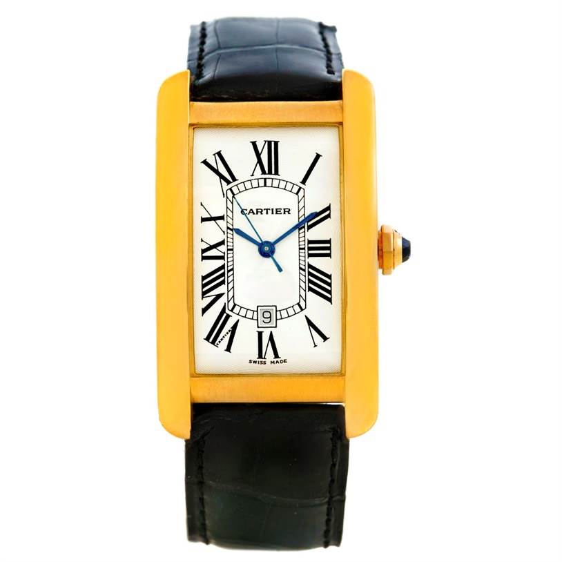 The Cartier Tank Americaine W2603156 Men's Yellow Gold Silver Dial W2603156 Men's Yellow Gold Silver Dial watch is shown from a front angle, displaying the face, gold rectangular case, black strap, and crown.
