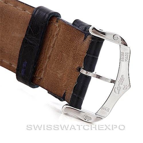 The image shows a close-up of the clasp and strap of a Cartier Tank Americaine W2603256 Men's White Gold Silver Dial W2603256 Men's White Gold Silver Dial watch.