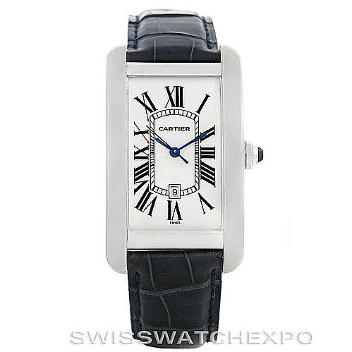 This image shows the front view of the Cartier Tank Americaine W2603256 Men's White Gold Silver Dial W2603256 Men's White Gold Silver Dial watch, including the face, Roman numerals, and crown.