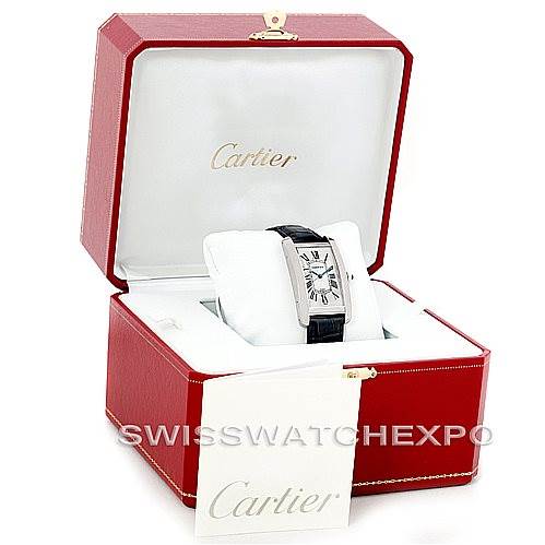 The Cartier Tank Americaine W2603256 Men's White Gold Silver Dial W2603256 Men's White Gold Silver Dial watch is shown from the front, nestled in a red Cartier box with a white cushion.