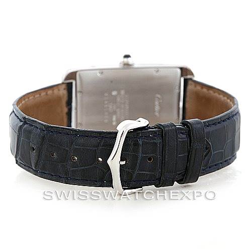 This image shows the back view of a Cartier Tank Américaine watch, focusing on the clasp and black leather strap.