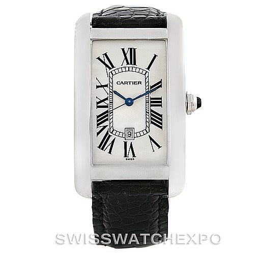 The image shows a frontal view of a Tank Americaine model watch by Cartier, displaying the face, Roman numerals, and leather strap.