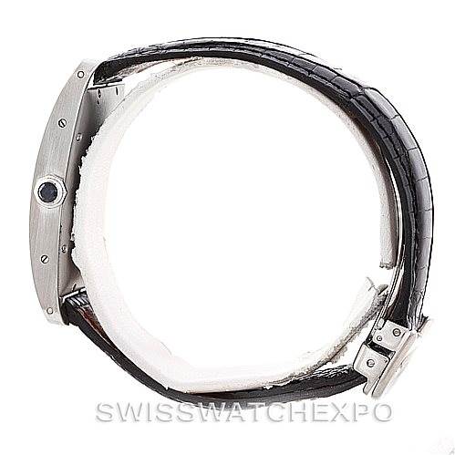 This image shows a side profile of the Cartier Tank Americaine W2603256 Men's White Gold Silver Dial W2603256 Men's White Gold Silver Dial watch, highlighting the crown and part of the strap.