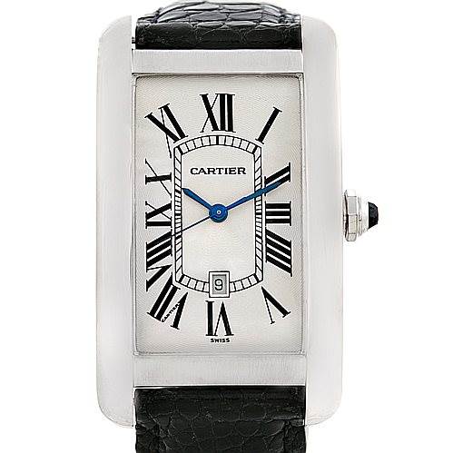 This image shows a frontal view of a Cartier Tank Américaine watch displaying the face, bezel, and leather strap.
