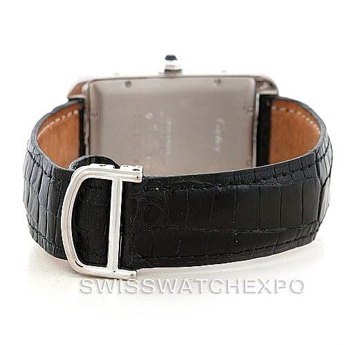 The photo shows the back view of a Cartier Tank Americaine W2603256 Men's White Gold Silver Dial W2603256 Men's White Gold Silver Dial watch, displaying the leather strap and buckle.