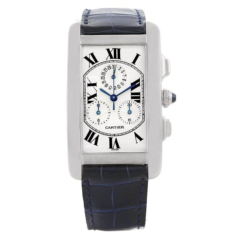 The image shows a front view of a Cartier Tank Americaine W2603358 Men's White Gold Silver Dial W2603358 Men's White Gold Silver Dial watch displaying the face, dial, and strap.