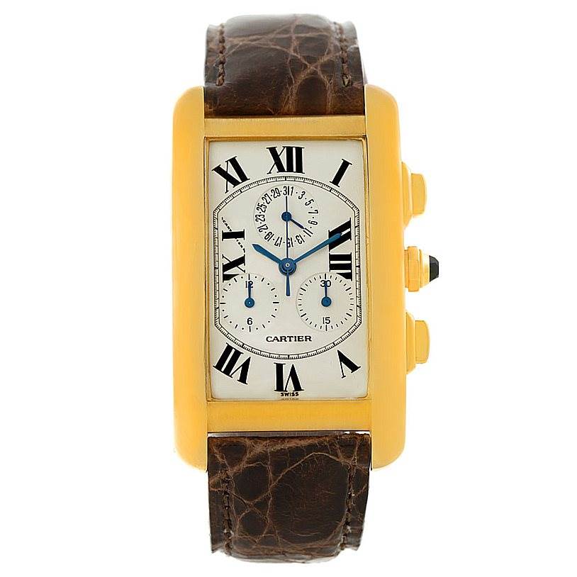The Cartier Tank Americaine W2605856 Men's Yellow Gold Silver Dial W2605856 Men's Yellow Gold Silver Dial watch is shown from a straight-on angle, displaying the face, case, strap, and side buttons.