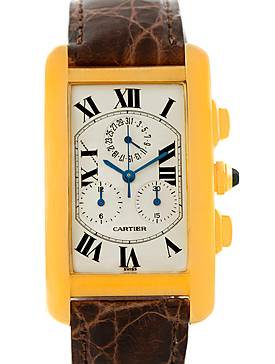 The image shows a Cartier Tank Americaine W2605856 Men's Yellow Gold Silver Dial W2605856 Men's Yellow Gold Silver Dial watch from the front, highlighting its rectangular dial and side buttons.