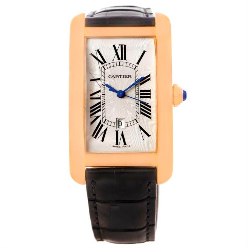 The image shows a front view of a Cartier Tank Américaine watch, displaying the face, dial, hands, and strap.