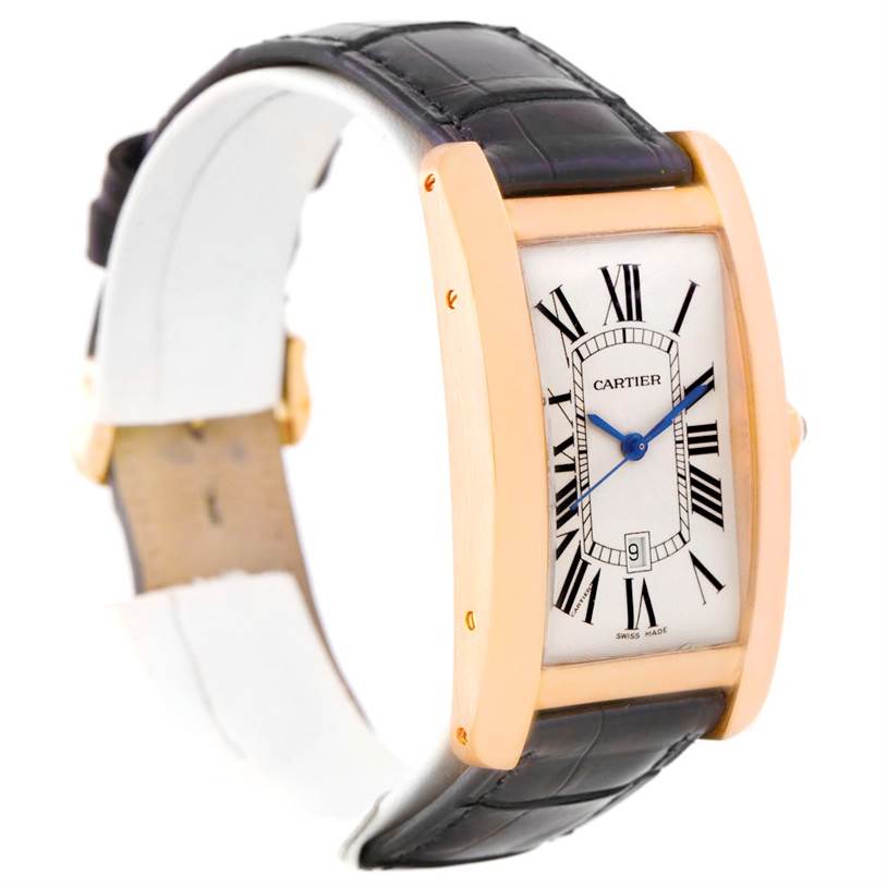 This Cartier Tank Americaine W2609156 Men's Rose Gold Silver Dial W2609156 Men's Rose Gold Silver Dial watch is shown at an angle highlighting the face, crown, and leather strap.