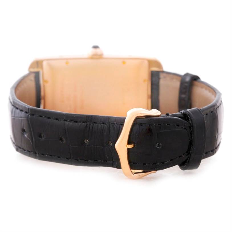 This image shows the back and clasp of a Cartier Tank Americaine W2609156 Men's Rose Gold Silver Dial W2609156 Men's Rose Gold Silver Dial watch at a rear angle.