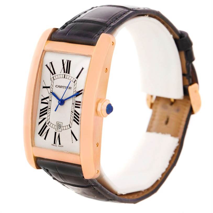The image shows a Cartier Tank Americaine W2609156 Men's Rose Gold Silver Dial W2609156 Men's Rose Gold Silver Dial watch angled to display the face, side, and part of the strap.