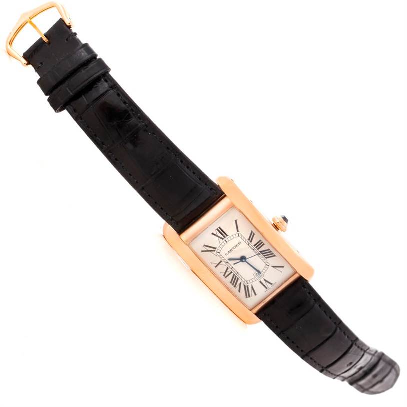 The image shows a top-down view of a Cartier Tank Americaine W2609156 Men's Rose Gold Silver Dial W2609156 Men's Rose Gold Silver Dial watch, featuring the face, strap, and buckle.